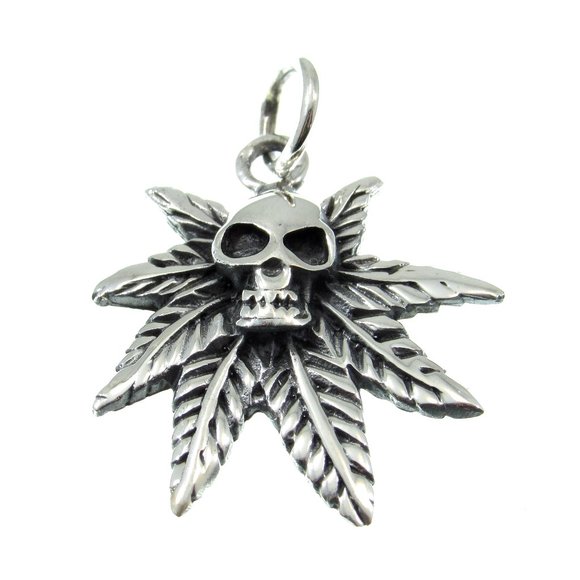 Solid 925 Sterling Silver Marijuana Weed Leaf and Skull Gothic Pot Pendant - Picture 1 of 5